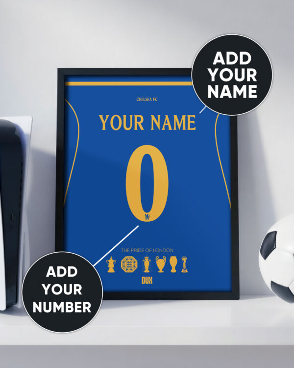 CHELSEA-CUSTOM-JERSEY-CLOSEUP Chelsea 26/27 Customizable Jersey - Framed Football Poster